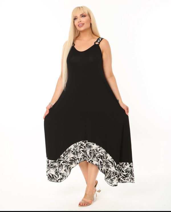 crna haljina sa šarama asimetričnog kroja od viskoze sa elastinom za punije dame