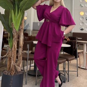 Roze elegantan komplet tunika i pantalone